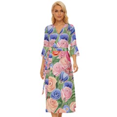 Cheerful Watercolor Flowers Midsummer Wrap Dress by GardenOfOphir