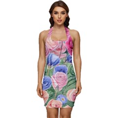 Cheerful Watercolor Flowers Sleeveless Wide Square Neckline Ruched Bodycon Dress