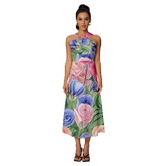 Cheerful Watercolor Flowers Sleeveless Cross Front Cocktail Midi Chiffon Dress