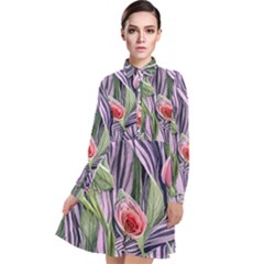 Charming Watercolor Flowers Long Sleeve Chiffon Shirt Dress