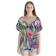 Charming Watercolor Flowers V-neck Flutter Sleeve Top by GardenOfOphir