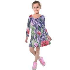 Charming Watercolor Flowers Kids  Long Sleeve Velvet Dress by GardenOfOphir