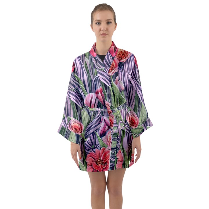 Charming Watercolor Flowers Long Sleeve Satin Kimono