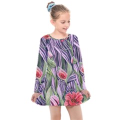 Charming Watercolor Flowers Kids  Long Sleeve Dress by GardenOfOphir