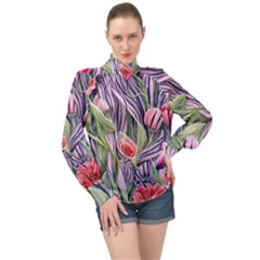 Charming Watercolor Flowers High Neck Long Sleeve Chiffon Top by GardenOfOphir