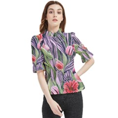 Charming Watercolor Flowers Frill Neck Blouse