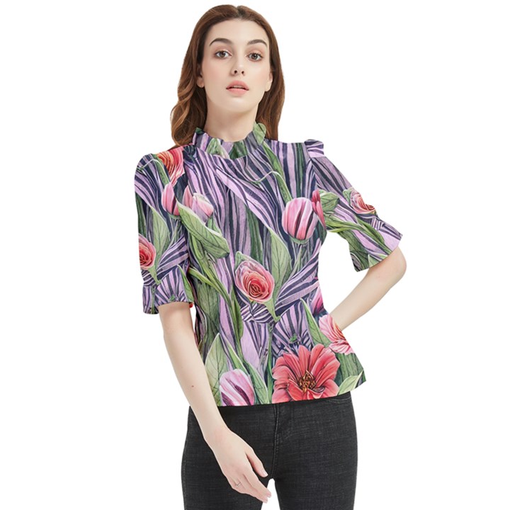 Charming Watercolor Flowers Frill Neck Blouse