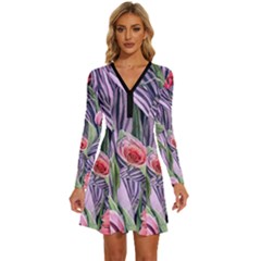 Charming Watercolor Flowers Long Sleeve Deep V Mini Dress 