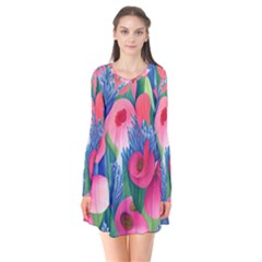 Celestial Watercolor Flowers Long Sleeve V-neck Flare Dress by GardenOfOphir