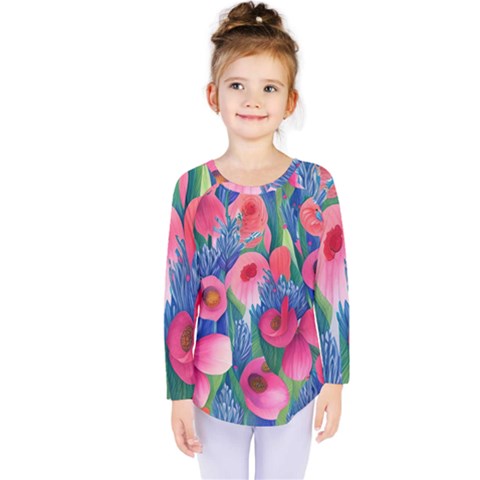 Celestial Watercolor Flowers Kids  Long Sleeve Tee by GardenOfOphir