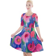 Celestial Watercolor Flowers Quarter Sleeve A-line Dress by GardenOfOphir