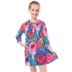 Celestial Watercolor Flowers Kids  Quarter Sleeve Shirt Dress by GardenOfOphir