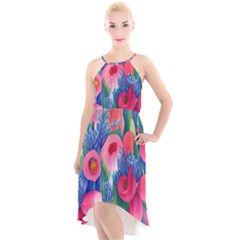 Celestial Watercolor Flowers High-low Halter Chiffon Dress 