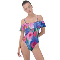 Celestial Watercolor Flowers Frill Detail One Piece Swimsuit by GardenOfOphir