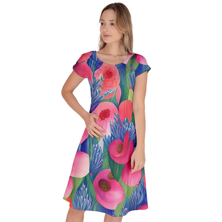 Celestial Watercolor Flowers Classic Short Sleeve Dress