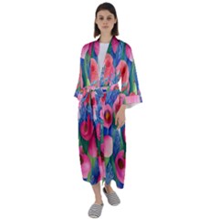 Celestial Watercolor Flowers Maxi Satin Kimono by GardenOfOphir