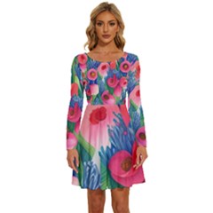 Celestial Watercolor Flowers Long Sleeve Wide Neck Velvet Dress