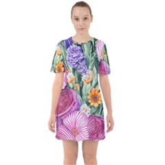 Captivating Watercolor Flowers Sixties Short Sleeve Mini Dress by GardenOfOphir