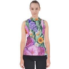 Captivating Watercolor Flowers Mock Neck Shell Top by GardenOfOphir