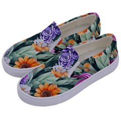 Captivating Watercolor Flowers Kids  Canvas Slip Ons by GardenOfOphir