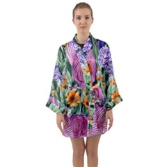 Captivating Watercolor Flowers Long Sleeve Satin Kimono by GardenOfOphir