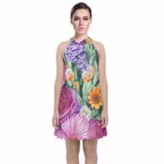 Captivating Watercolor Flowers Velvet Halter Neckline Dress  by GardenOfOphir