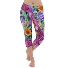 Captivating Watercolor Flowers Lightweight Velour Capri Yoga Leggings by GardenOfOphir