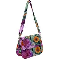 Captivating Watercolor Flowers Saddle Handbag by GardenOfOphir