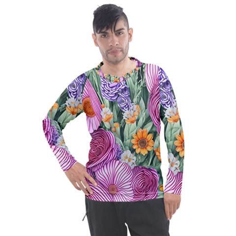 Captivating Watercolor Flowers Men s Pique Long Sleeve Tee by GardenOfOphir