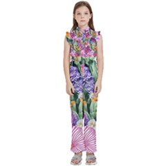 Captivating Watercolor Flowers Kids  Sleeveless Ruffle Edge Band Collar Chiffon One Piece