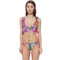 Captivating Watercolor Flowers Low Cut Ruffle Edge Bikini Set