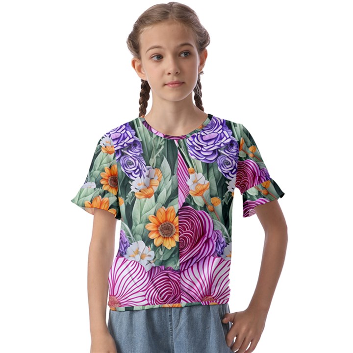 Captivating Watercolor Flowers Kids  Cuff Sleeve Scrunch Bottom Tee