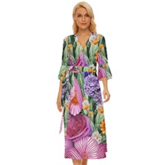 Captivating Watercolor Flowers Midsummer Wrap Dress by GardenOfOphir