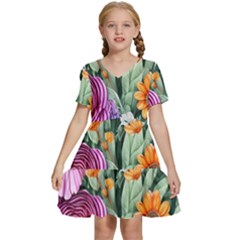 Captivating Watercolor Flowers Kids  Short Sleeve Tiered Mini Dress by GardenOfOphir