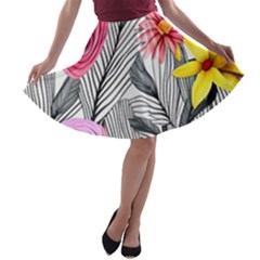 Darling And Dazzling Watercolor Flowers A-line Skater Skirt by GardenOfOphir