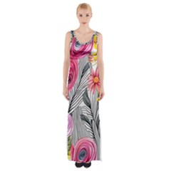 Darling And Dazzling Watercolor Flowers Thigh Split Maxi Dress by GardenOfOphir