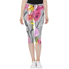 Darling And Dazzling Watercolor Flowers Inside Out Lightweight Velour Capri Leggings 