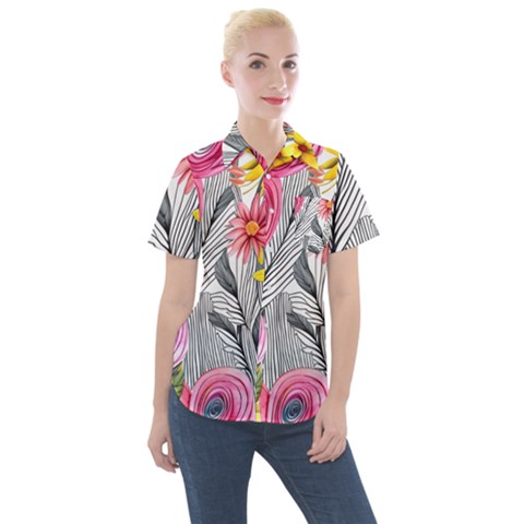 Darling And Dazzling Watercolor Flowers Women s Short Sleeve Pocket Shirt by GardenOfOphir