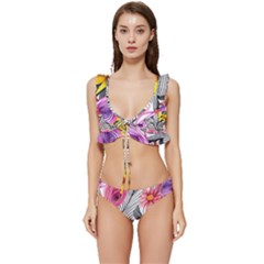 Darling And Dazzling Watercolor Flowers Low Cut Ruffle Edge Bikini Set by GardenOfOphir