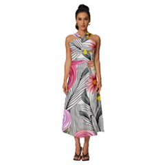 Darling And Dazzling Watercolor Flowers Sleeveless Cross Front Cocktail Midi Chiffon Dress