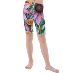 Watercolor Flowers Botanical Foliage Kids  Mid Length Swim Shorts by GardenOfOphir