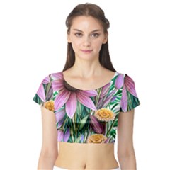 Watercolor Flowers Botanical Foliage Short Sleeve Crop Top by GardenOfOphir