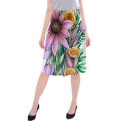 Watercolor Flowers Botanical Foliage Midi Beach Skirt by GardenOfOphir