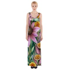 Watercolor Flowers Botanical Foliage Thigh Split Maxi Dress by GardenOfOphir