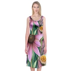 Watercolor Flowers Botanical Foliage Midi Sleeveless Dress by GardenOfOphir