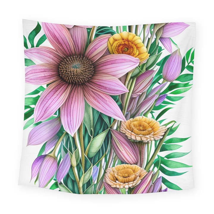 Watercolor Flowers Botanical Foliage Square Tapestry (Large)