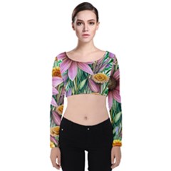 Watercolor Flowers Botanical Foliage Velvet Long Sleeve Crop Top by GardenOfOphir