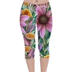 Watercolor Flowers Botanical Foliage Velvet Capri Leggings  by GardenOfOphir