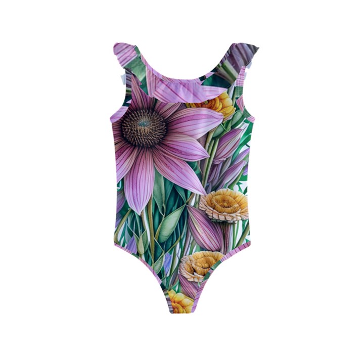 Watercolor Flowers Botanical Foliage Kids  Frill Swimsuit