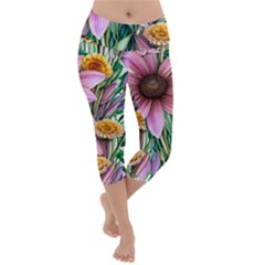 Watercolor Flowers Botanical Foliage Lightweight Velour Capri Yoga Leggings by GardenOfOphir